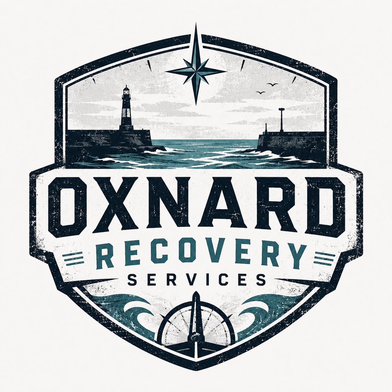 Oxnard Recovery Services logo with a lighthouse, ocean waves, and compass